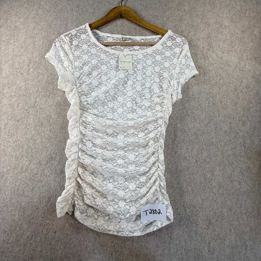 Intimately Free People Cream Floral Lace Ruched Short Sleeve Top XS New